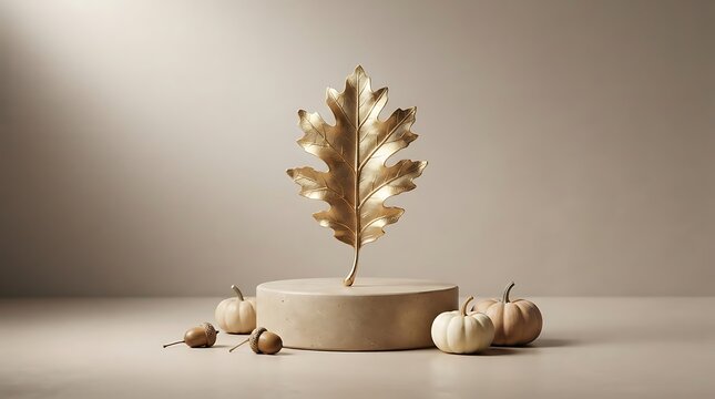 Golden oak leaf on a stone pedestal with white pumpkins for autumn decor
