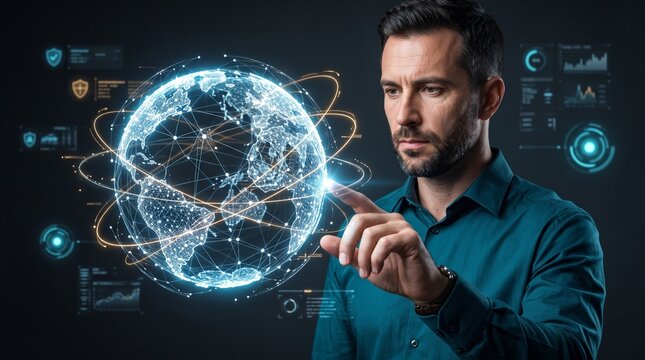Global digital technology interface with businessman, futuristic holographic earth globe, worldwide network connectivity and data visualization
