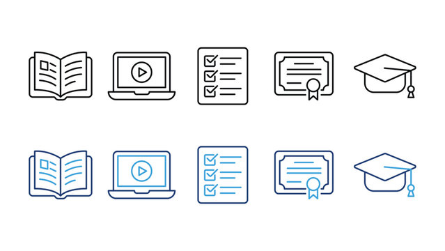 Set of education and elearning icons, including book, laptop, checklist, certificate, and graduation cap