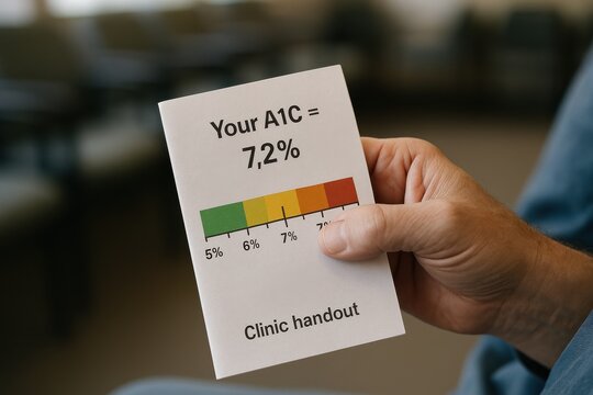 A hand holds a diabetes clinic handout showing an A1C value of 7.2%, color-coded to indicate glucose control level