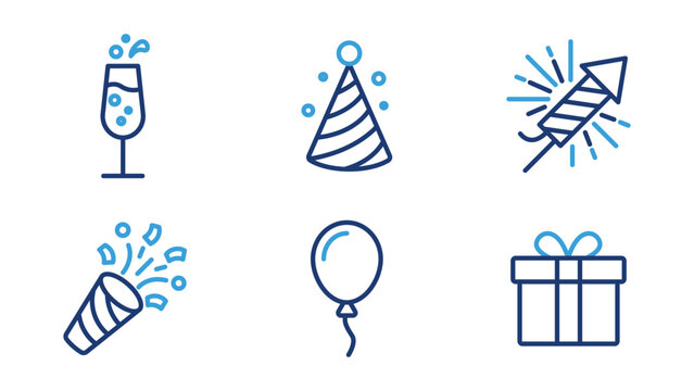 Set of party icons including champagne, party hat, firework, confetti, balloon, and gift box