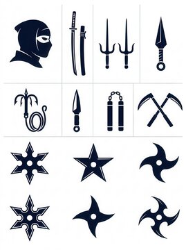 Ninja Weaponry Icon Set - Katana, Shuriken, Nunchaku, Kunai, and Sai Vector Illustrations for Martial Arts Design.