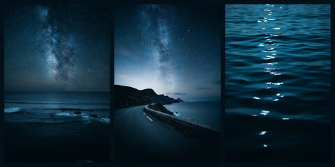Obraz premium Night landscapes featuring milky way galaxy over ocean waves and coastal winding roads