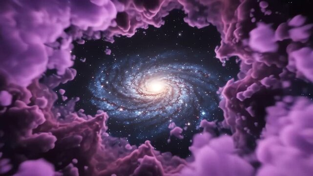 A beautiful spiral galaxy seen through a frame of purple cosmic nebula clouds.