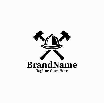 Black Image Vector Logo Firefighter Helmet And Crossed Axes &mdash; Hero Protection Silhouette Graphic Isolated on White Background