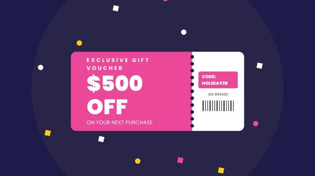 Gift voucher, Exclusive $500 off discount offer, On dark blue background with confetti, symbolizing savings and celebration.