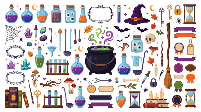 Magic potions, witches' cauldrons and witchcraft items set, fantasy alchemy, halloween potion bottles, color hex codes