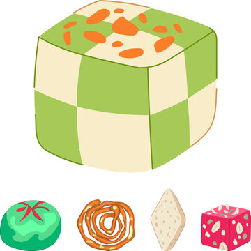 Assortment of colorful traditional festive sweet food items including mithai, jalebi, and petha, originating from south asian culinary traditions, offering a taste of cultural celebration