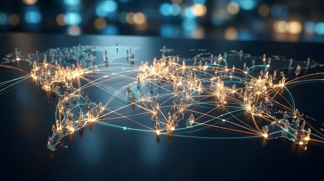 Miniature human figures connected by glowing light lines on a world map surface