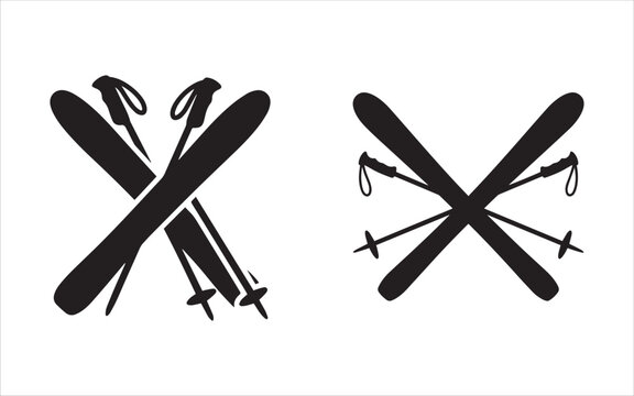 Black and white vector silhouettes of crossed skis and ski poles for winter sports and resort branding