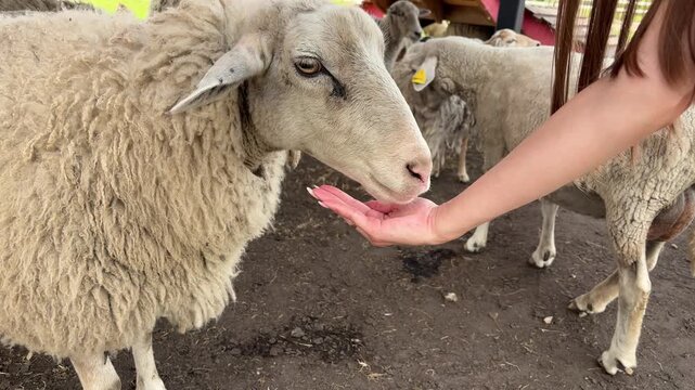 Woman feeds grain by hand to a woolly sheep at a farm enclosure.