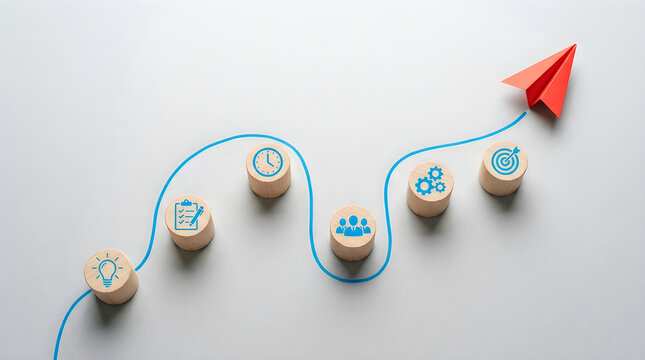 Business strategy concept with wooden blocks, icons, and a red paper plane flying along a path on a light grey background