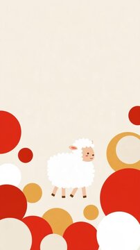 紅白と金色の丸い装飾の中をかわいい羊が歩くポップな新年背景動画