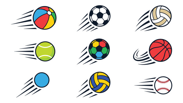 Set of various flying sports balls including soccer, basketball, tennis, volleyball, and beach ball icons with motion speed lines