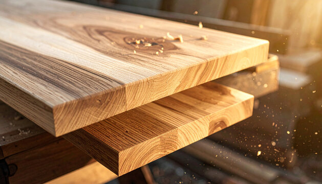 Stack of freshly cut oak boards resting on sawhorses in warm cinematic workshop light generative AI