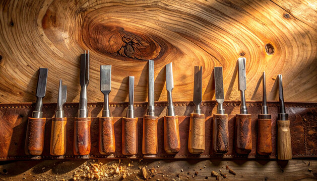 Row of chisels lined up on leather tool roll showing fine tool steel detail generative AI