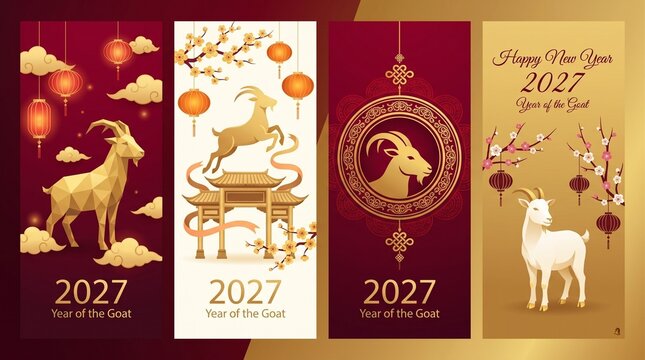 Four vertical banners set for chinese new year 2027 year of the goat with decorative traditional elements gold accents and festive lanterns tradition celebration horoscope decoration oriental