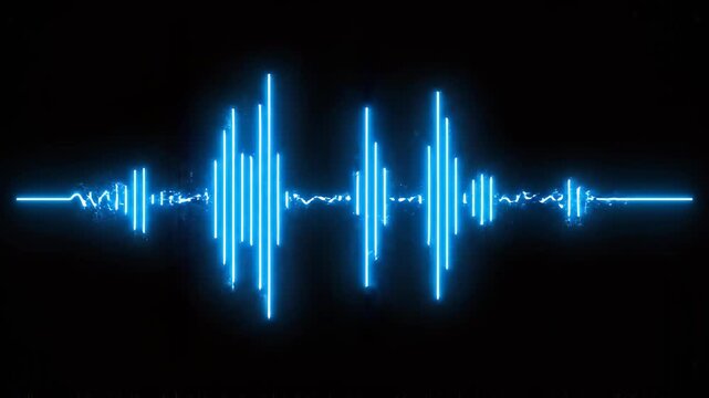 Digital audio waveform pulses on black background with neon blue glow representing sound waves in motion