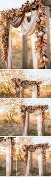 Wooden wedding arch decorated with autumn leaves and dried flowers