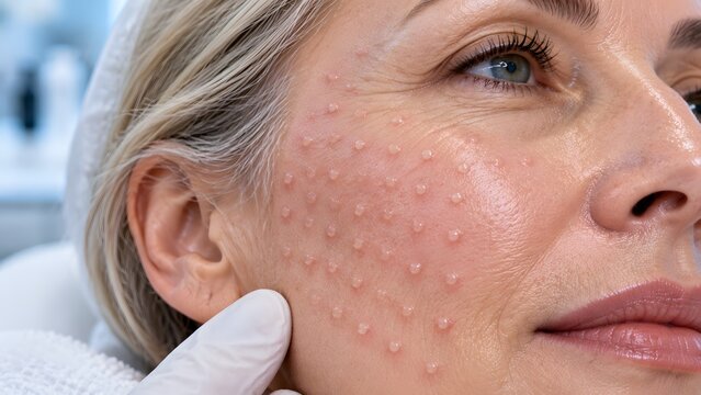 Close up of fresh papules on woman cheek after hyaluronic acid injection