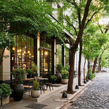 Modern vegan restaurant exterior with large glass windows and trees