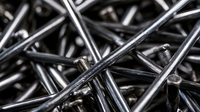Close up of tangled metal rods and nails with reflective surfaces and industrial texture in monochrome tones