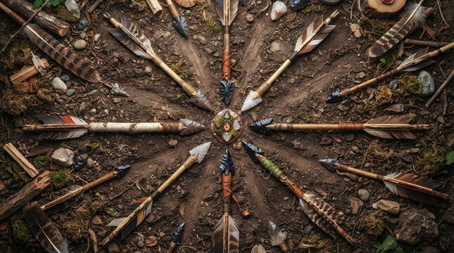 Circle of Arrows and Feathers on Forest Floor.