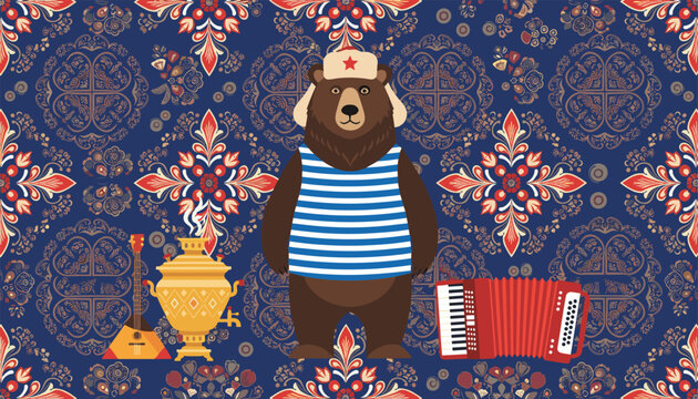 Traditional Russian stereotypes featuring a brown bear in an ushanka hat next to a samovar, balalaika, and accordion.
