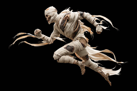 Skeletal mummy running with trailing tattered bandages in dynamic pose for Halloween