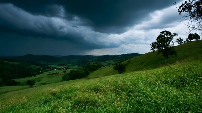 Dark storm clouds loom over rolling green hills and scattered trees in a dramatic rural landscape