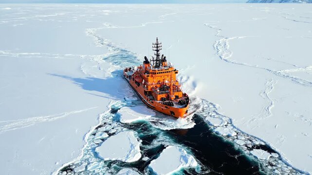Icebreaker vessel navigating frozen Arctic waters casting long shadows across vast snowfields