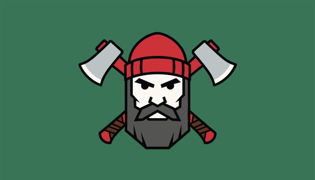 Bold mascot design of a strong bearded lumberjack wearing a red knit hat with two crossed axes on a green background.