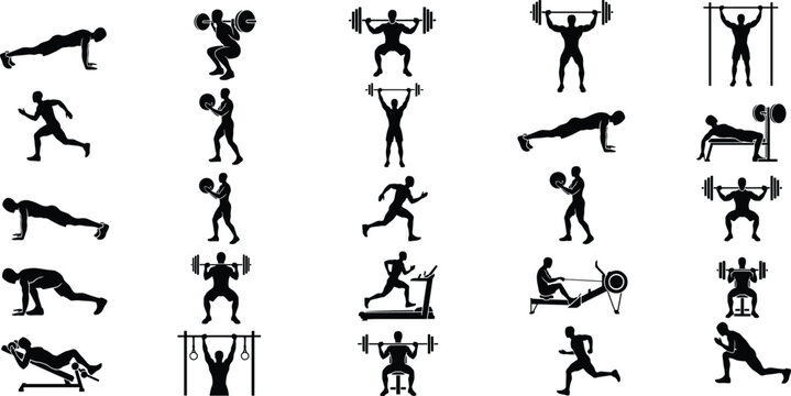 Collection of black silhouette featuring people performing various gym exercises, weightlifting, running, pushups, and using fitness equipment machines