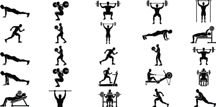 Set of black silhouette showing people performing various gym exercises including weightlifting, running, pushups, and using fitness equipment machines