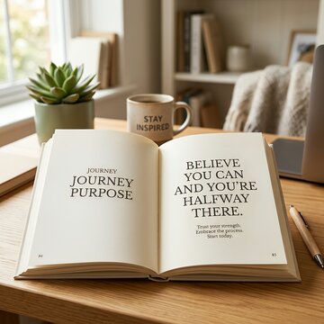 Open book with motivational quotes and coffee on a wooden desk.