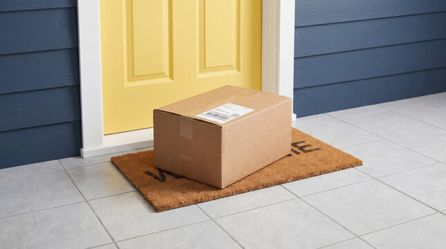 Delivery package doorstep ecommerce cardboard parcel welcome mat yellow door. Logistic shipping shipment distribution. courier parcel service, client home order purchase convenience