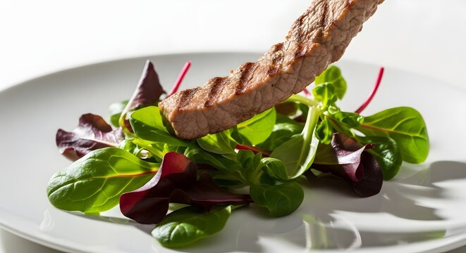 Gourmet Grilled Steak Slice Served on a Bed of Fresh Mixed Greens Salad.