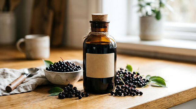 Elderberry syrup bottle with berries and bowl on wooden kitchen counter