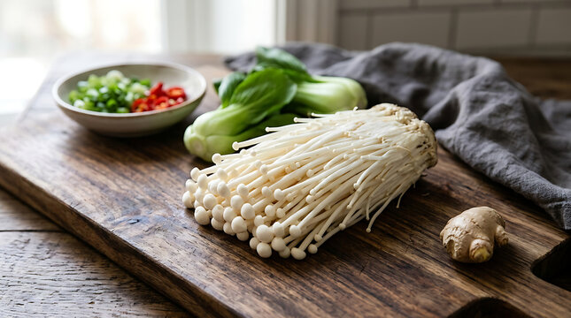 Fresh enoki mushrooms and bok choy on a wooden cutting board with chopped scalli