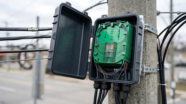 Open outdoor fiber optic network terminal box mounted on a utility pole