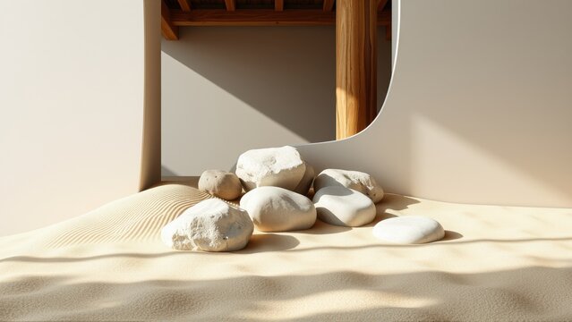 Minimalist scene. Rocks rest upon sand. Light filters through wooden structure. Calm, serene composition. Neutral tones dominate.