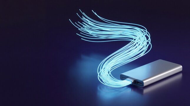 A silver portable power bank emitting glowing blue light strands against a dark background surface with emitting stream bright light lines resembling,  32k image