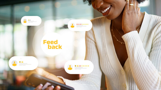 Person engages with feedback messages on their mobile device in a modern indoor setting