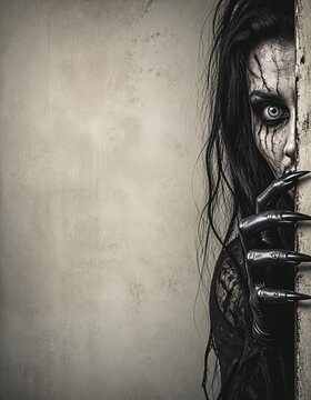 Terrifying Halloween Woman Peeking with Scary Eye Makeup and Long Nails