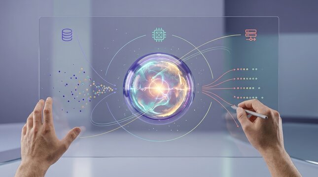 Person interacting with a futuristic transparent digital screen displaying complex data and holographic interface elements
