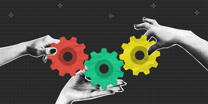 Halftone hands hold colorful gears and connect them together. Collage art with gear made of crumpled paper. Concept of teamwork, partnership and regulation of business processes. Vector.