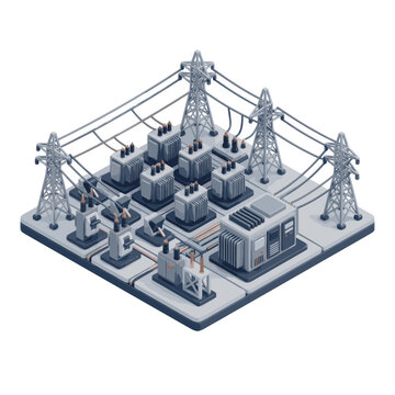 Minimalist Isometric of Modern Electrical Substation with Transformers Power Lines and Circuit Breakers in Blue Gray Tone