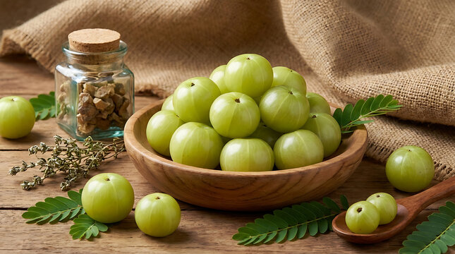 Fresh amla indian gooseberries in a wooden bowl