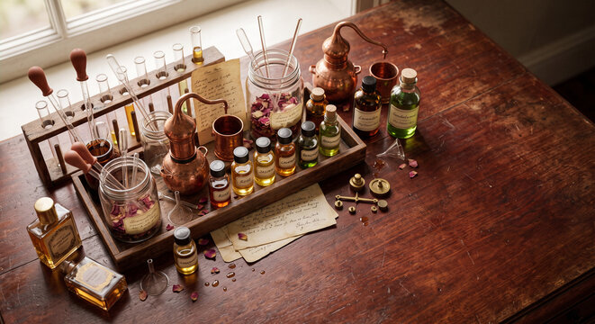 Cinematic overhead view of French perfume making tools on mahogany table