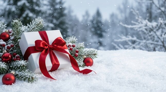 Christmas gift box with red ribbon on snow with festive ornaments and evergreen branches